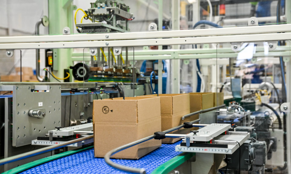Cardboard boxes on automated production line