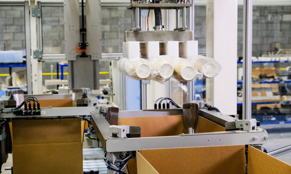 Coffee cups being packed into boxes